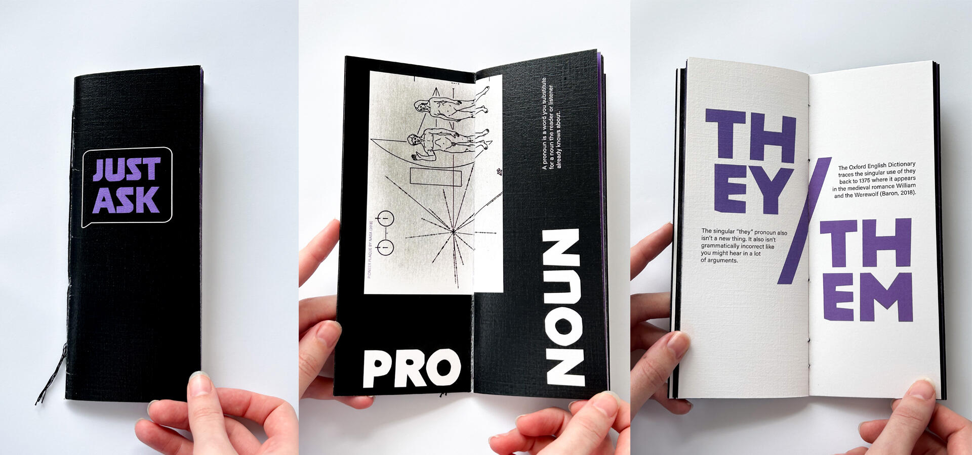 "Just Ask" information booklet. For a multimedia social good campaign about pronouns and their usage (2024).