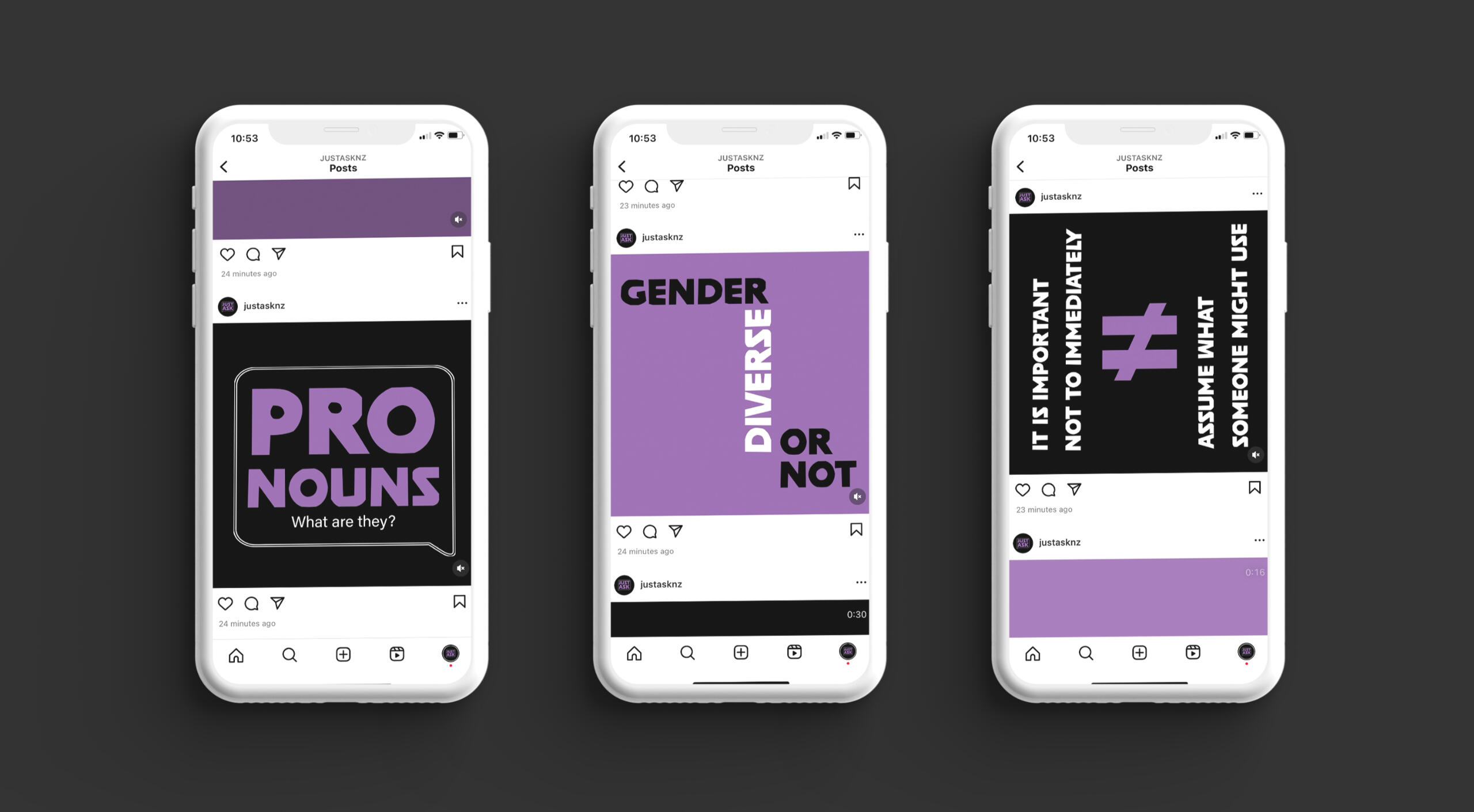 &quot;Just Ask&quot; social media animations. For a multimedia social good campaign about pronouns and their usage (2024).